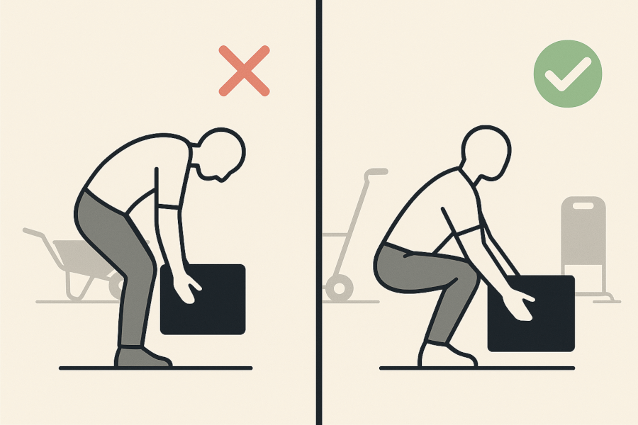 Ergonomic Safety and Proper Form in the Garden Instructional illustration comparing incorrect and correct lifting form for gardening. The correct form shows bending at the knees with a straight back, marked with a green checkmark.