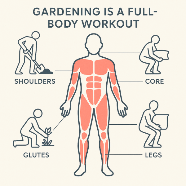 Gardening as a Full-Body Functional Workout Infographic illustrating how gardening is a full-body workout, showing a stylized human figure with highlighted muscle groups connected to icons of digging, lifting, and weeding.