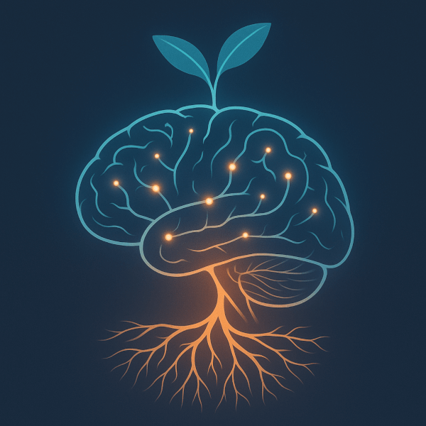How Gardening Enhances Neuroplasticity and Brain Growth Abstract illustration of a human brain with glowing neural pathways that transform into a plant's root system, symbolizing cognitive growth and neuroplasticity stimulated by gardening.