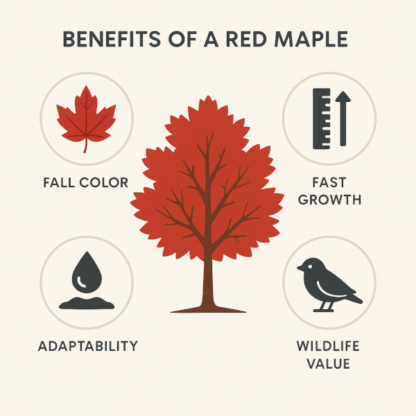 Infographic showing the key benefits of a red maple tree: Fall Color, Fast Growth, Adaptability, and Wildlife Value, represented by icons around a central tree.