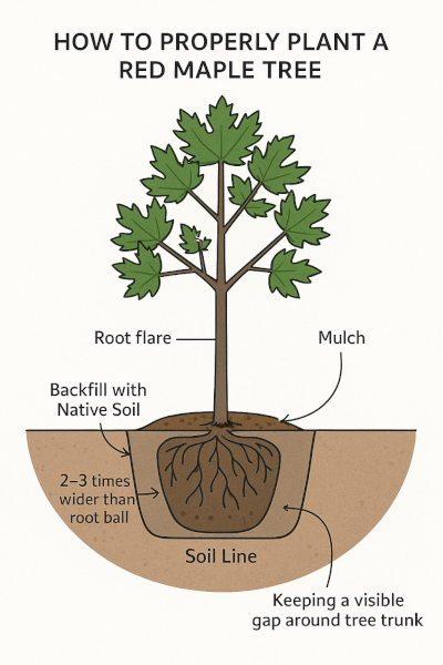 Diagram showing the proper planting technique for a tree, with the root flare above the soil line and a wide, shallow hole.