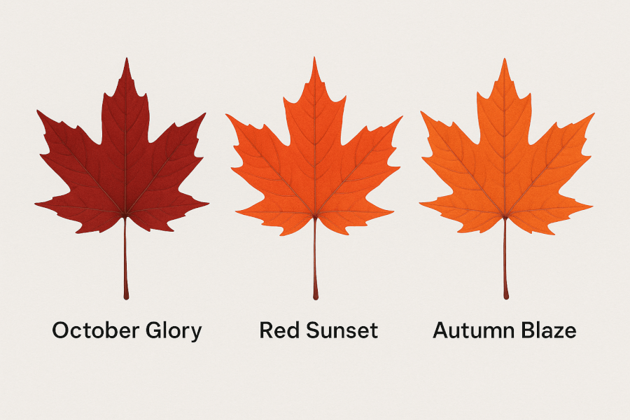 Visual guide comparing the fall color of three red maple cultivars: October Glory (crimson), Red Sunset (orange-red), and Autumn Blaze (brilliant orange-red).