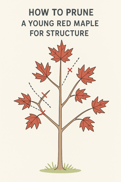 Illustration showing how to structurally prune a young maple tree, with dotted lines indicating cuts to remove crossing branches and establish a central leader.