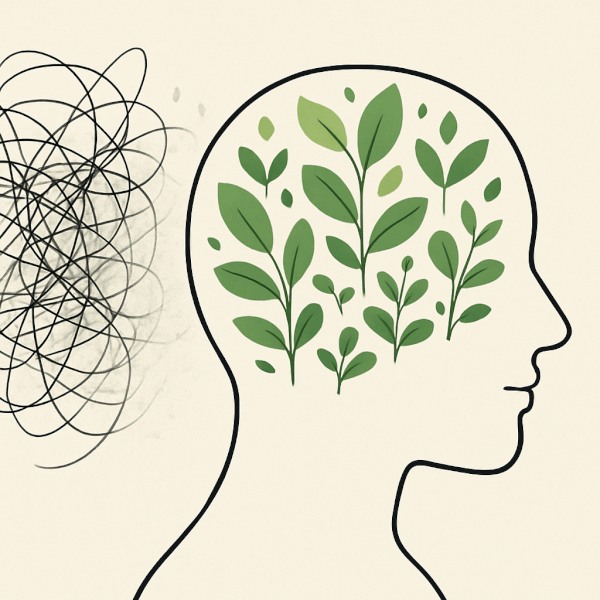 The Neurochemical Benefits of Gardening on the Brain Conceptual illustration of a human head in profile, where the brain is a calm, thriving garden, symbolizing the reduction of stress and increase of feel-good neurochemicals through gardening.