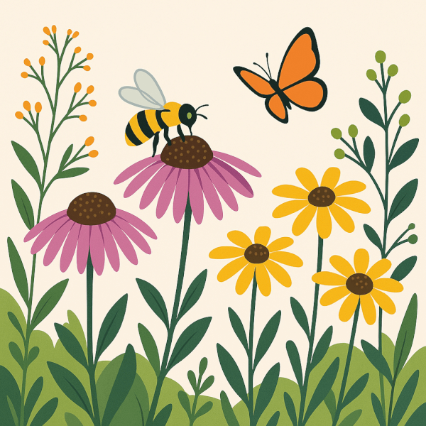 Illustration of a bee and butterfly pollinating native plants like coneflowers and black-eyed susans in a garden.