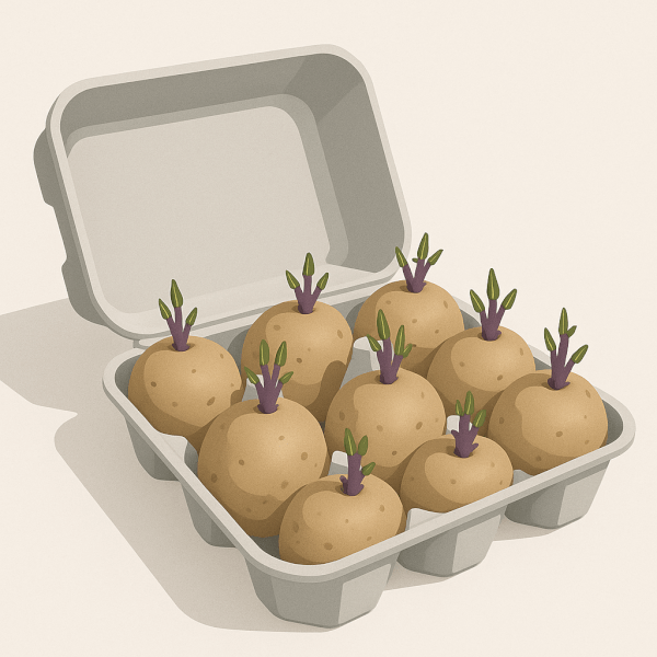 Chitting Seed Potatoes in an Egg Carton Seed potatoes with short, purple-green sprouts resting in an egg carton to demonstrate the chitting process.