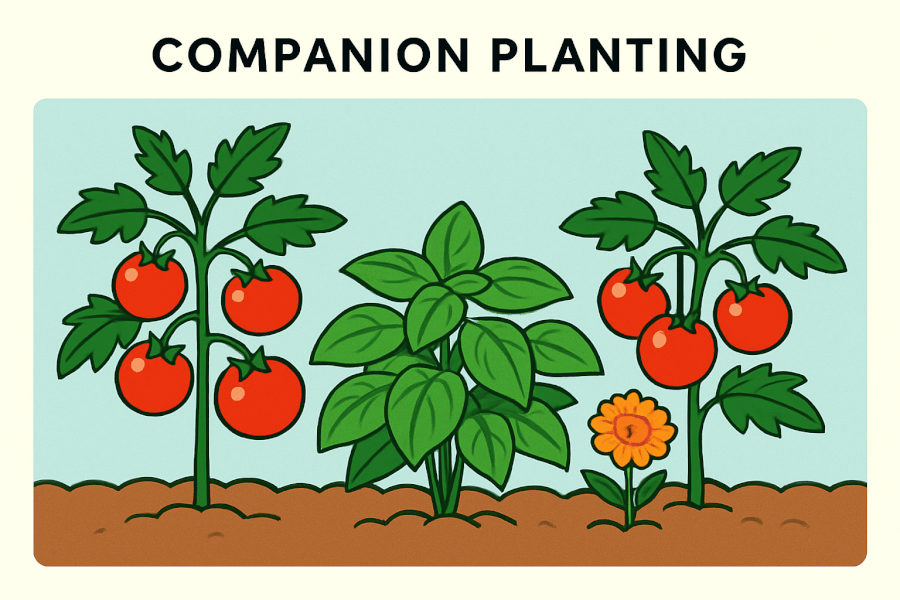 Illustration demonstrating companion planting with tomatoes, basil, and marigolds growing together in a garden row.