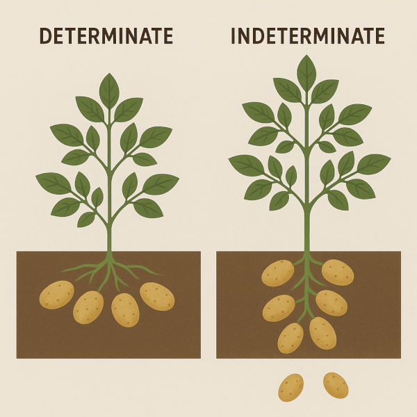 Determinate vs Indeterminate Potato Growth Habits An infographic comparing determinate potato plants with tubers in a single layer, and indeterminate plants with tubers at multiple levels up the stem.