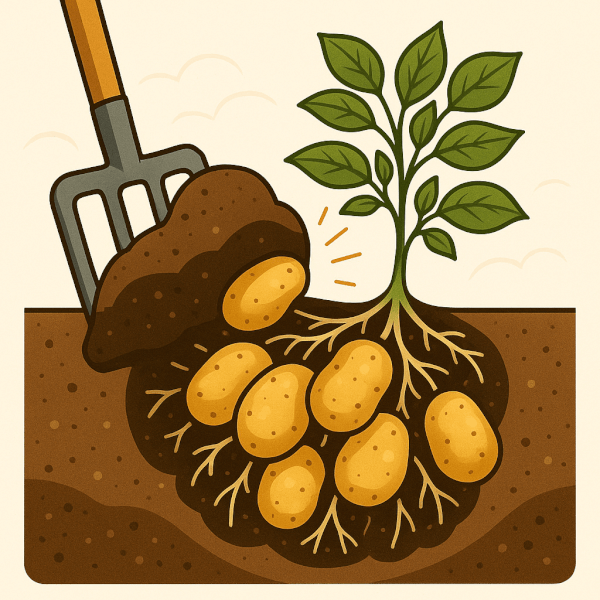 Harvesting a Fresh Crop of Potatoes A digging fork lifting earth to reveal a fresh crop of potatoes ready for harvest.
