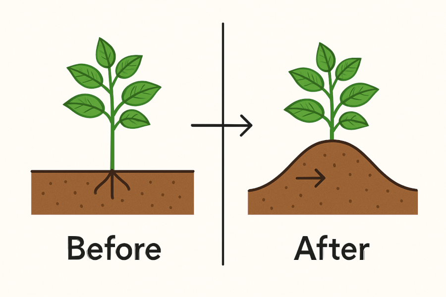 How to Hill Potato Plants Before and After A before-and-after diagram showing a potato plant's stem being covered with mounded soil in the hilling process.