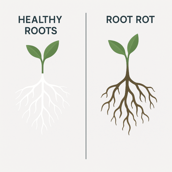 Identifying Healthy Roots vs. Root Rot A side-by-side comparison of healthy, white plant roots versus the brown, mushy appearance of roots suffering from root rot.