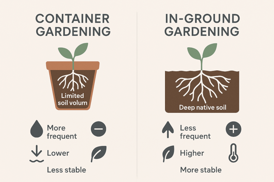 Key Differences Between Container and In-Ground Gardening Infographic comparing container gardening vs. in-ground gardening, showing differences in root systems, water needs, nutrients, and temperature stability.