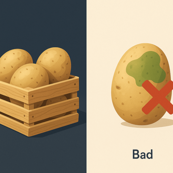 Proper Potato Storage vs Sun Exposure An illustration contrasting properly stored potatoes in a crate with a sun-exposed potato that has turned green and is marked with a red X.