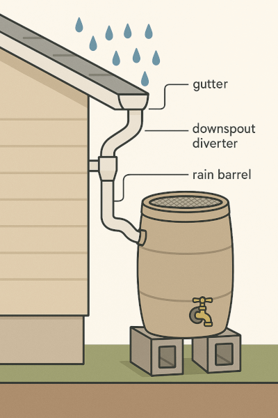 Diagram showing a rain barrel connected to a house's downspout to harvest rainwater.