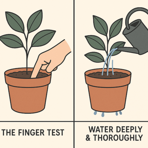 The Correct Way to Water Container Plants Illustration of correct watering for container plants, showing the 'finger test' for soil moisture and the technique of watering deeply until it drains from the bottom.