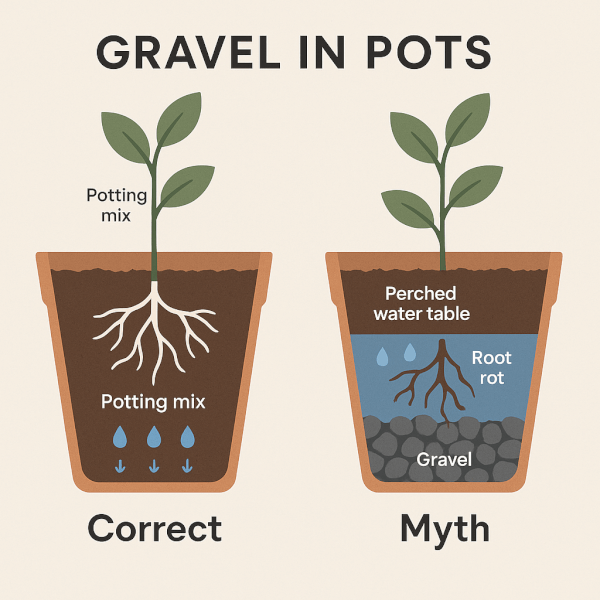 The Potting Mix and Drainage Myth Debunked Diagram debunking the myth of adding gravel for drainage, showing how it creates a perched water table and leads to root rot compared to a pot filled only with potting mix.
