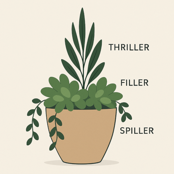 The Thriller, Filler, Spiller Planting Method Diagram of the 'thriller, filler, spiller' method for container design, showing a tall central plant, mounding filler plants, and trailing spiller plants.